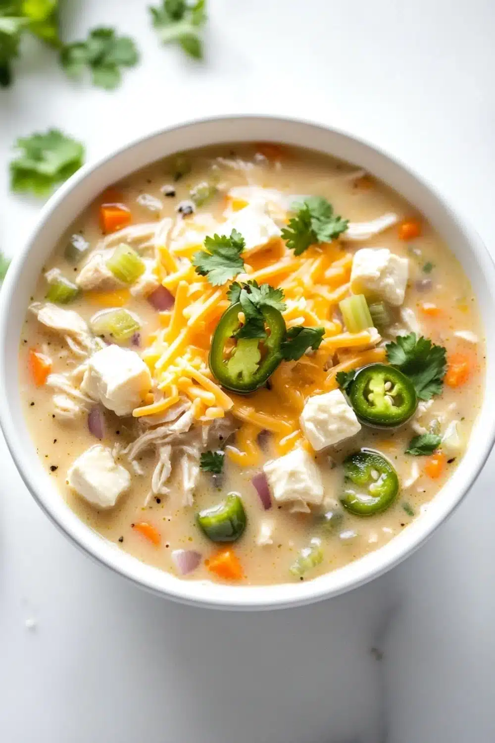 Slow cooker jalapeno popper chicken soup - the image is a close-up of a bowl of soup. the soup appears to be a creamy orange color with chunks of chicken, cheese, and jalapenos scattered throughout. the bowl is white and is sitting on a white countertop. there are a few sprigs of cilantro scattered around the bowl. the background is blurred, but it seems to be an indoor setting.