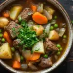 Slow cooker old fashion beef stew - the image is a close-up of a bowl of beef stew. the stew is made with chunks of beef, potatoes, carrots, peas, and onions. the beef is cooked medium-rare and appears to be tender and juicy. the potatoes are cut into small cubes and are scattered throughout the stew. there is a sprig of fresh parsley on top of the stew, adding a pop of green color to the dish. the bowl is made of ceramic and is sitting on a wooden table.