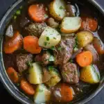 Slow cooker poor mans beef stew - the image is a close-up of a bowl of beef stew. the stew is made with chunks of beef, potatoes, carrots, onions, and herbs. the beef is cooked medium-rare and appears to be seasoned with herbs and spices. the potatoes are cut into small cubes and are scattered throughout the stew, with some of them overlapping each other. the carrots are bright orange and appear to be ripe and juicy. the onions are sliced and are also diced. the herbs are finely chopped and add a pop of green color to the dish. the bowl is made of stainless steel and is sitting on a dark grey surface.
