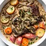 Slow cooker pot roast with cream of mushroom soup - the image is a close-up of a dish in a white ceramic bowl. the dish appears to be a beef stew with mushrooms, carrots, potatoes, and herbs. the beef is cooked medium-rare and is covered in a creamy sauce. the potatoes are cut into small cubes and are arranged in a circular pattern around the beef. the carrots are bright orange and appear to be fresh. the herbs are finely chopped and add a pop of green to the dish. the bowl is sitting on a white marble countertop.