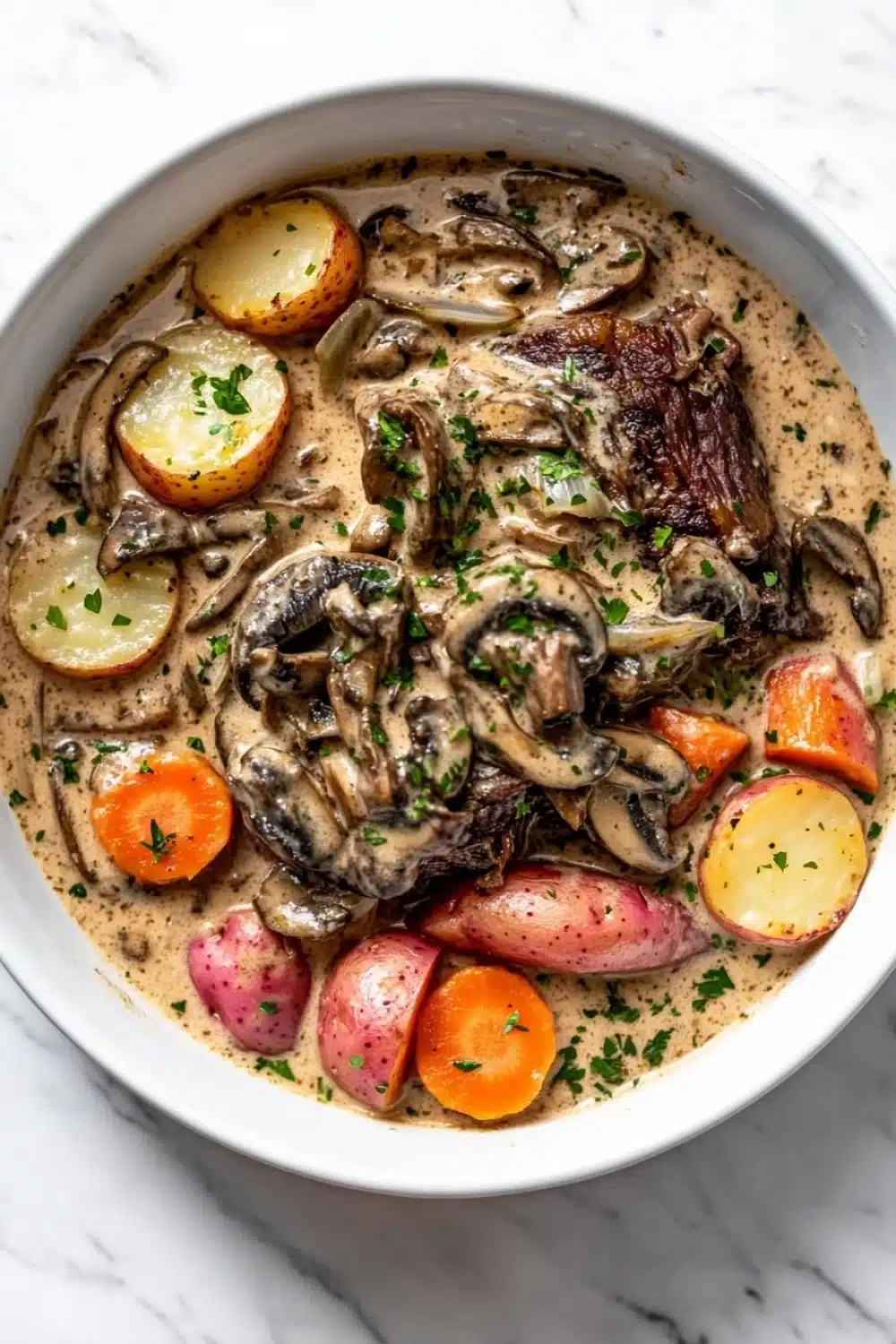 Slow cooker pot roast with cream of mushroom soup - the image is a close-up of a dish in a white ceramic bowl. the dish appears to be a beef stew with mushrooms, carrots, potatoes, and herbs. the beef is cooked medium-rare and is covered in a creamy sauce. the potatoes are cut into small cubes and are arranged in a circular pattern around the beef. the carrots are bright orange and appear to be fresh. the herbs are finely chopped and add a pop of green to the dish. the bowl is sitting on a white marble countertop.