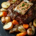 Slow cooker pot roast with ranch packet - the image shows a large piece of cooked meat on a black slate plate. the meat appears to be a medium-rare ribeye steak, with a golden brown crust on top. it is garnished with chopped parsley and sliced onions. on the side of the plate, there are small potatoes and carrots, adding a pop of color to the dish. the plate is sitting on a wooden table, and the background is blurred, making the meat the focal point of the image.