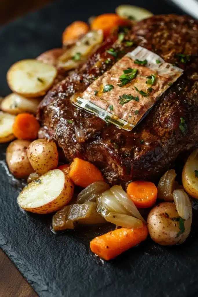 Slow cooker pot roast with ranch packet - the image shows a large piece of cooked meat on a black slate plate. the meat appears to be a medium-rare ribeye steak, with a golden brown crust on top. it is garnished with chopped parsley and sliced onions. on the side of the plate, there are small potatoes and carrots, adding a pop of color to the dish. the plate is sitting on a wooden table, and the background is blurred, making the meat the focal point of the image.