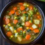Slow cooker soup vegetarian - the image is a close-up of a bowl of soup. the soup appears to be a vegetable soup with chunks of carrots, celery, and other vegetables mixed in. the bowl is made of dark brown ceramic and is placed on a wooden table. there are also some fresh herbs and onions scattered around the bowl. the background is blurred, but it seems like the bowl is the main focus of the image.
