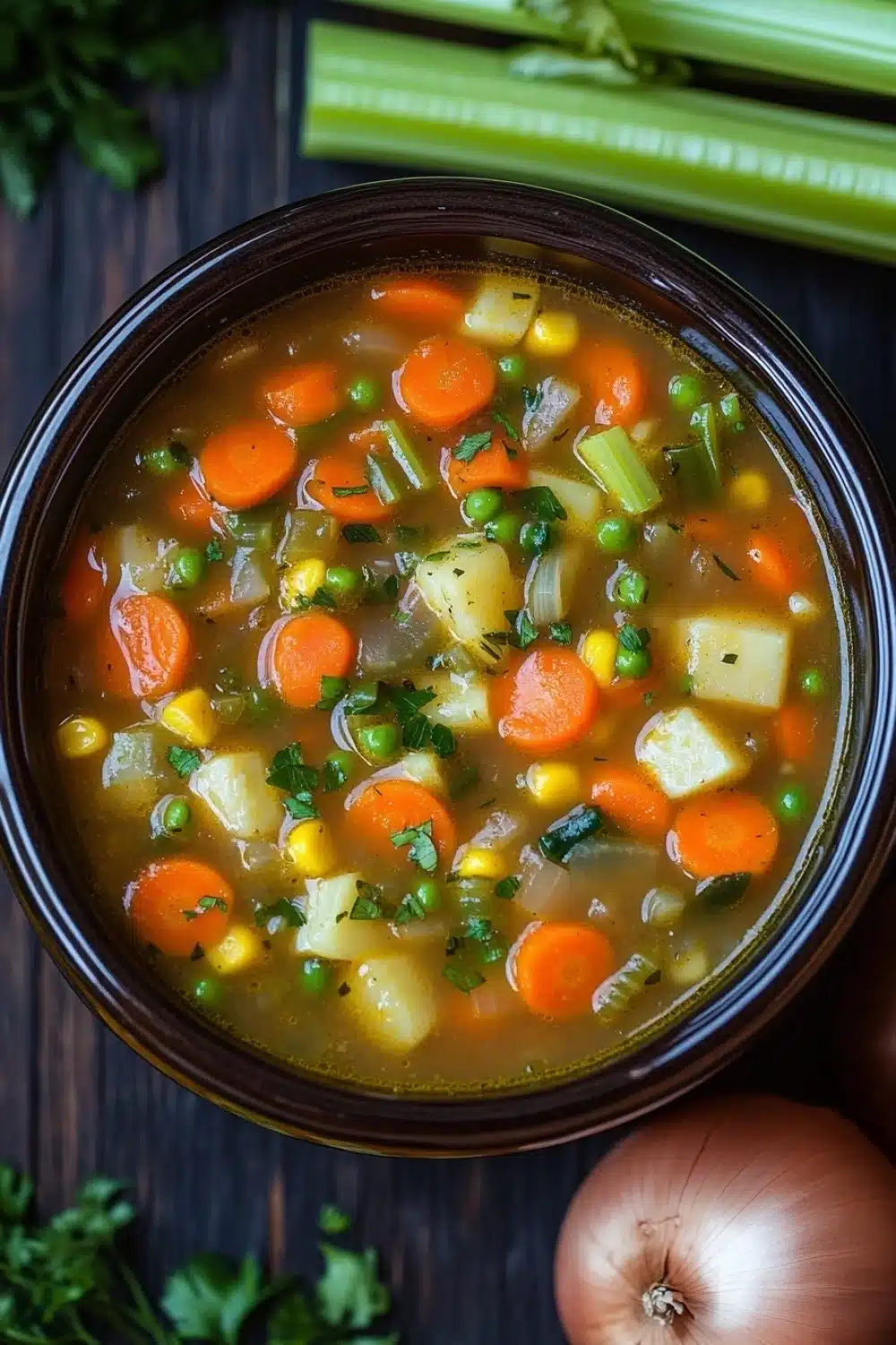 Slow cooker soup vegetarian - the image is a close-up of a bowl of soup. the soup appears to be a vegetable soup with chunks of carrots, celery, and other vegetables mixed in. the bowl is made of dark brown ceramic and is placed on a wooden table. there are also some fresh herbs and onions scattered around the bowl. the background is blurred, but it seems like the bowl is the main focus of the image.