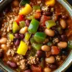 Slow cooker texas beef chili lean and green - the image is a close-up of a bowl of chili. the chili appears to be made with ground beef, beans, and various vegetables. the bowl is made of ceramic and has a brown rim. the colors of the chili are red, green, and yellow, and the ingredients are mixed together. the background is a dark blue wooden table.