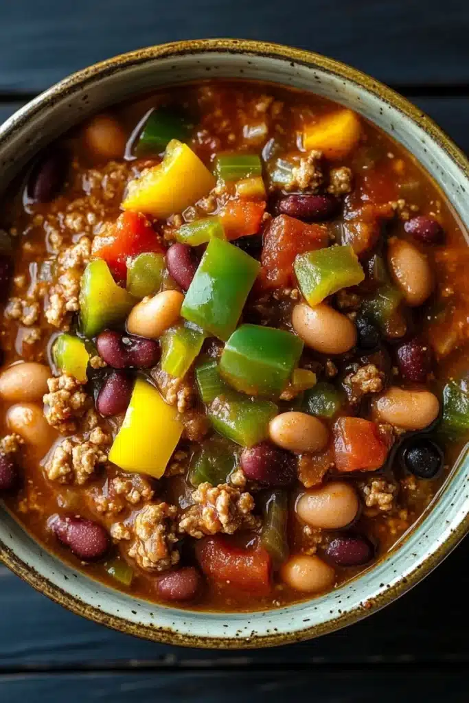 Slow cooker texas beef chili lean and green - the image is a close-up of a bowl of chili. the chili appears to be made with ground beef, beans, and various vegetables. the bowl is made of ceramic and has a brown rim. the colors of the chili are red, green, and yellow, and the ingredients are mixed together. the background is a dark blue wooden table.