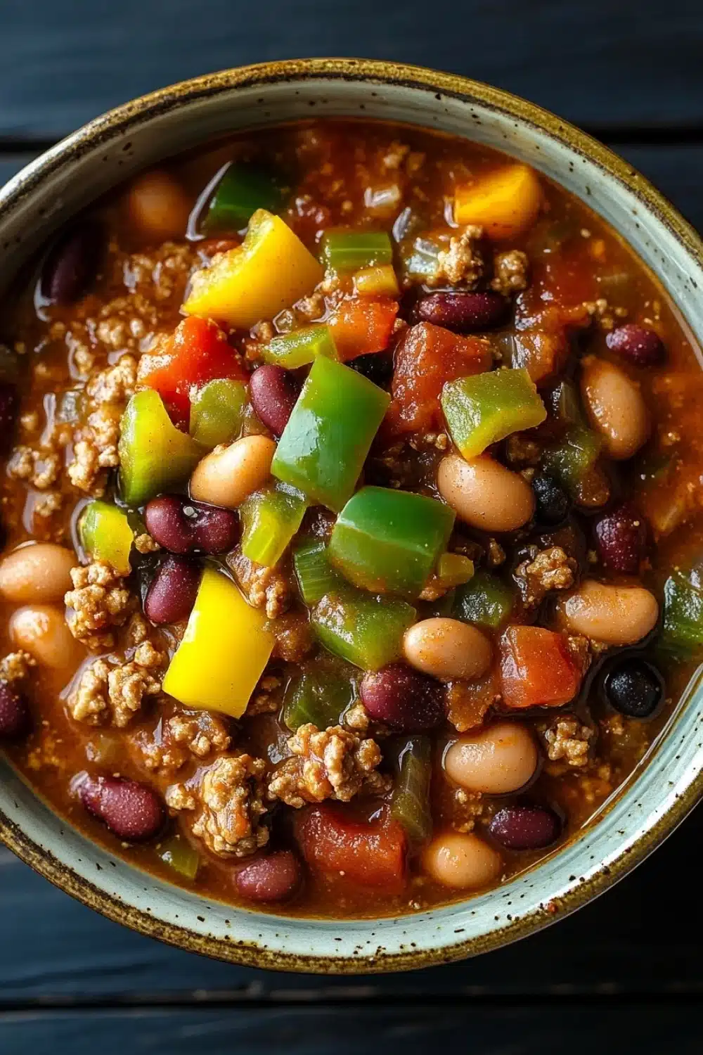 Slow cooker texas beef chili lean and green - the image is a close-up of a bowl of chili. the chili appears to be made with ground beef, beans, and various vegetables. the bowl is made of ceramic and has a brown rim. the colors of the chili are red, green, and yellow, and the ingredients are mixed together. the background is a dark blue wooden table.
