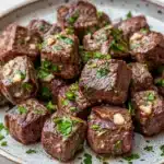 Steak bites with garlic butter crockpot - the image shows a plate of cooked beef cubes. the cubes are dark brown in color and appear to be seasoned with herbs and spices. they are arranged in a circular pattern on the plate, with some overlapping each other. the plate is white with a light blue rim and is placed on a wooden table. the background is blurred, but it appears to be a kitchen countertop.