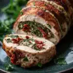 Stuffed chicken breast no cheese - the image shows a plate with a sliced chicken breast on it. the chicken breast is golden brown and appears to be seasoned with herbs and spices. it is cut in half, revealing the filling inside. the filling is made up of spinach, sun-dried tomatoes, and herbs, and is drizzled over the top. the plate is garnished with a sprig of parsley. the background is a dark grey countertop.