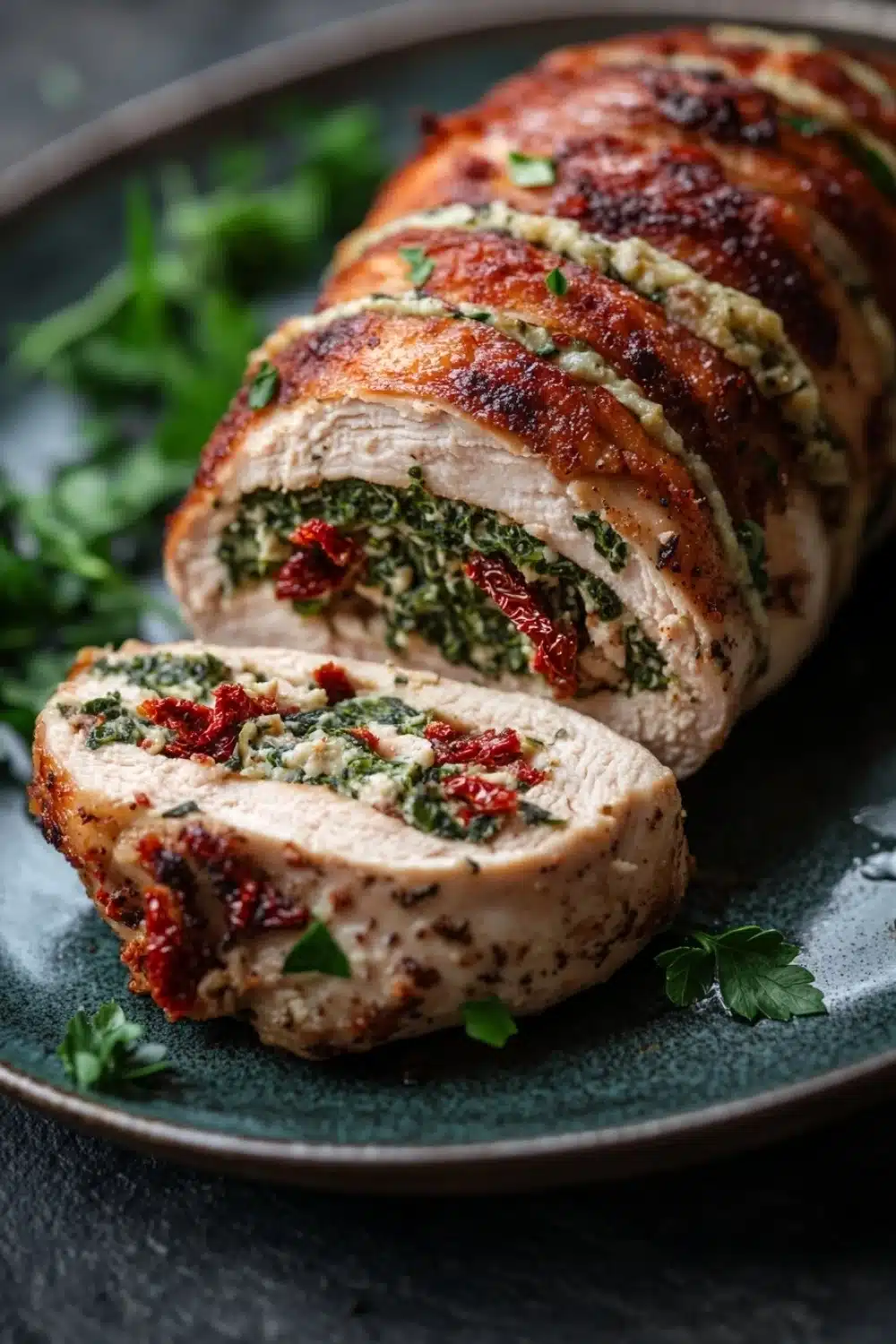 Stuffed chicken breast no cheese - the image shows a plate with a sliced chicken breast on it. the chicken breast is golden brown and appears to be seasoned with herbs and spices. it is cut in half, revealing the filling inside. the filling is made up of spinach, sun-dried tomatoes, and herbs, and is drizzled over the top. the plate is garnished with a sprig of parsley. the background is a dark grey countertop.