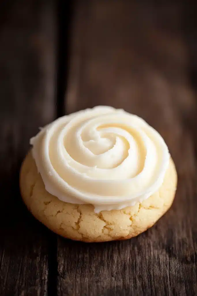 Sugar cookie and frosting - the image is a close-up of a round cookie with a swirl of white frosting on top. the cookie appears to be freshly baked and is placed on a wooden surface. the frosting is swirled in a spiral pattern and is spread evenly across the top of the cookie. the background is dark and out of focus, making the cookie the focal point of the image.