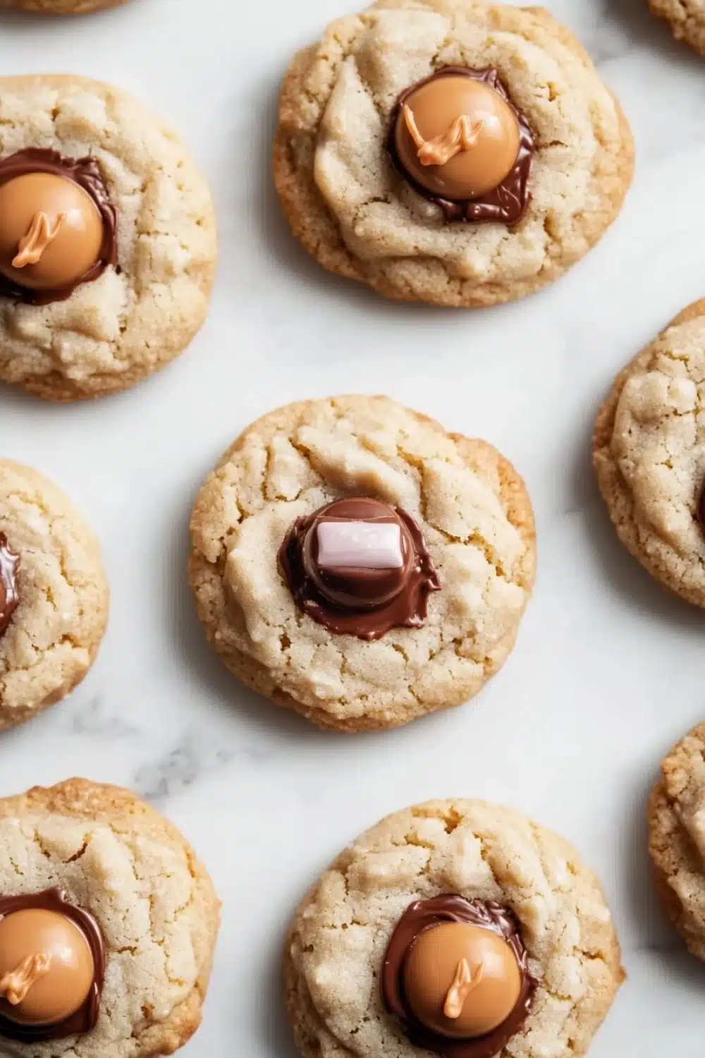 Sugar cookie kisses - the image shows a group of freshly baked peanut butter cookies on a white marble surface. the cookies are round and golden brown in color, with a crumbly texture. they are arranged in a scattered manner, with some overlapping each other. in the center of each cookie, there is a single peanut butter cookie with a swirl of chocolate on top. the chocolate is a rich, dark brown color and appears to be dripping down the sides of the cookies. the background is blurred, making the cookies the focal point of the image.