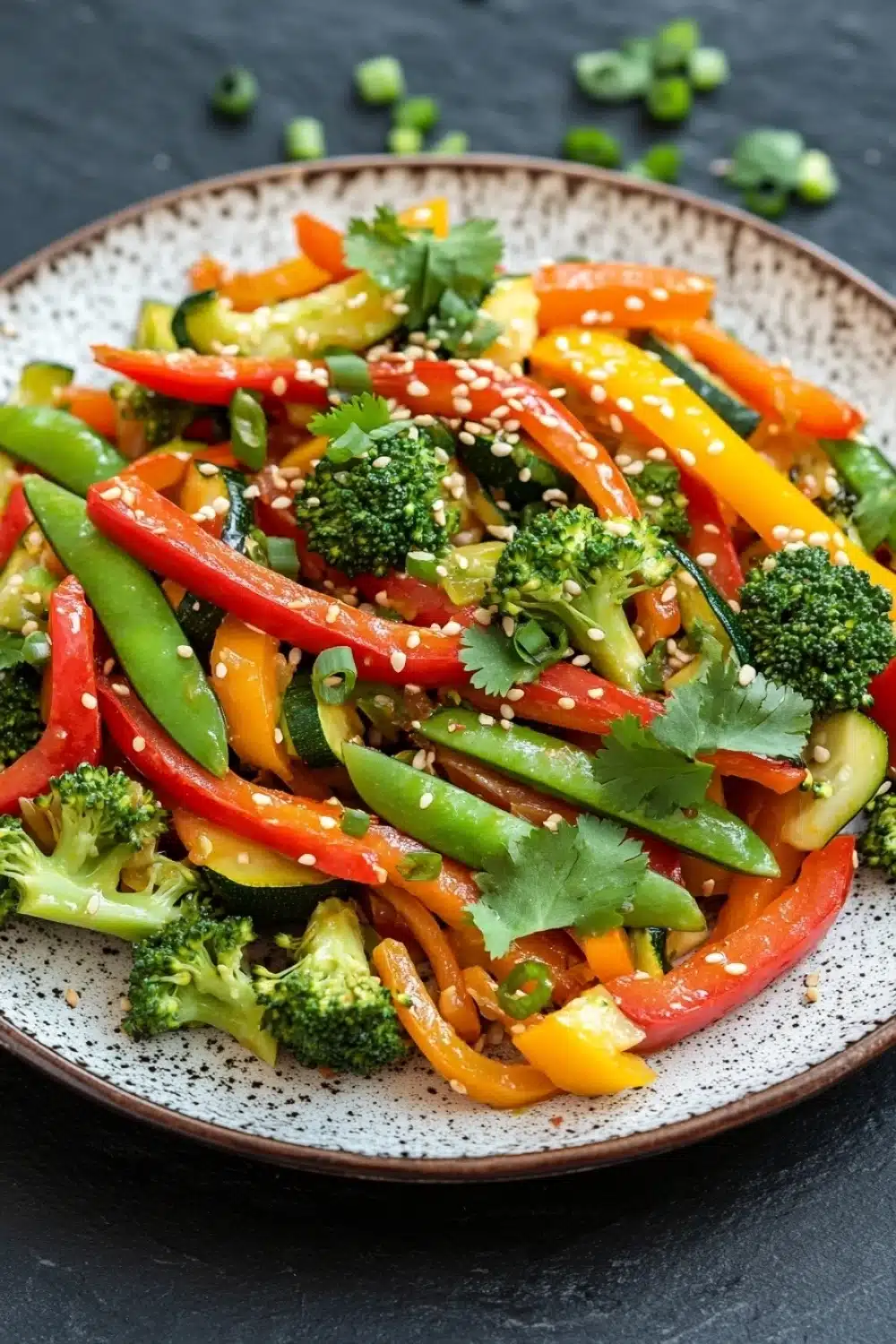 Thai vegetable air fryer - the image is a close-up of a plate of stir-fry dish. the dish is made up of various vegetables, including bell peppers, broccoli, and snow peas. the vegetables are cut into thin strips and are arranged in a colorful and appetizing manner. the plate is white with a speckled pattern and is garnished with sesame seeds and fresh cilantro. the background is dark, making the colors of the vegetables stand out.