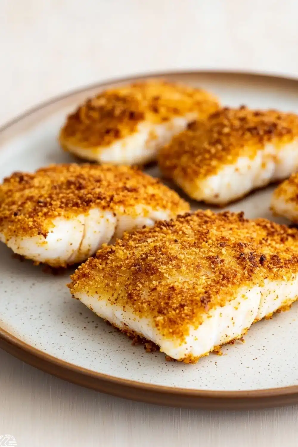 Tilapia in air fryer - the image shows a plate of four pieces of fish fillets on a white plate. the fillets are golden brown and appear to be seasoned with a crumbly breadcrumb topping. the plate is round and has a light brown rim. the background is blurred, but it appears to be a kitchen countertop.