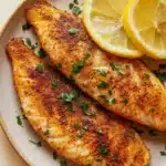 Tilapia loin air fryer - the image shows two pieces of fish fillets on a white plate. the fillets are golden brown and appear to be seasoned with herbs and spices. on top of the fillets, there are two slices of lemon and a sprig of parsley. the plate is sitting on a wooden table. the overall presentation of the dish is elegant and appetizing.