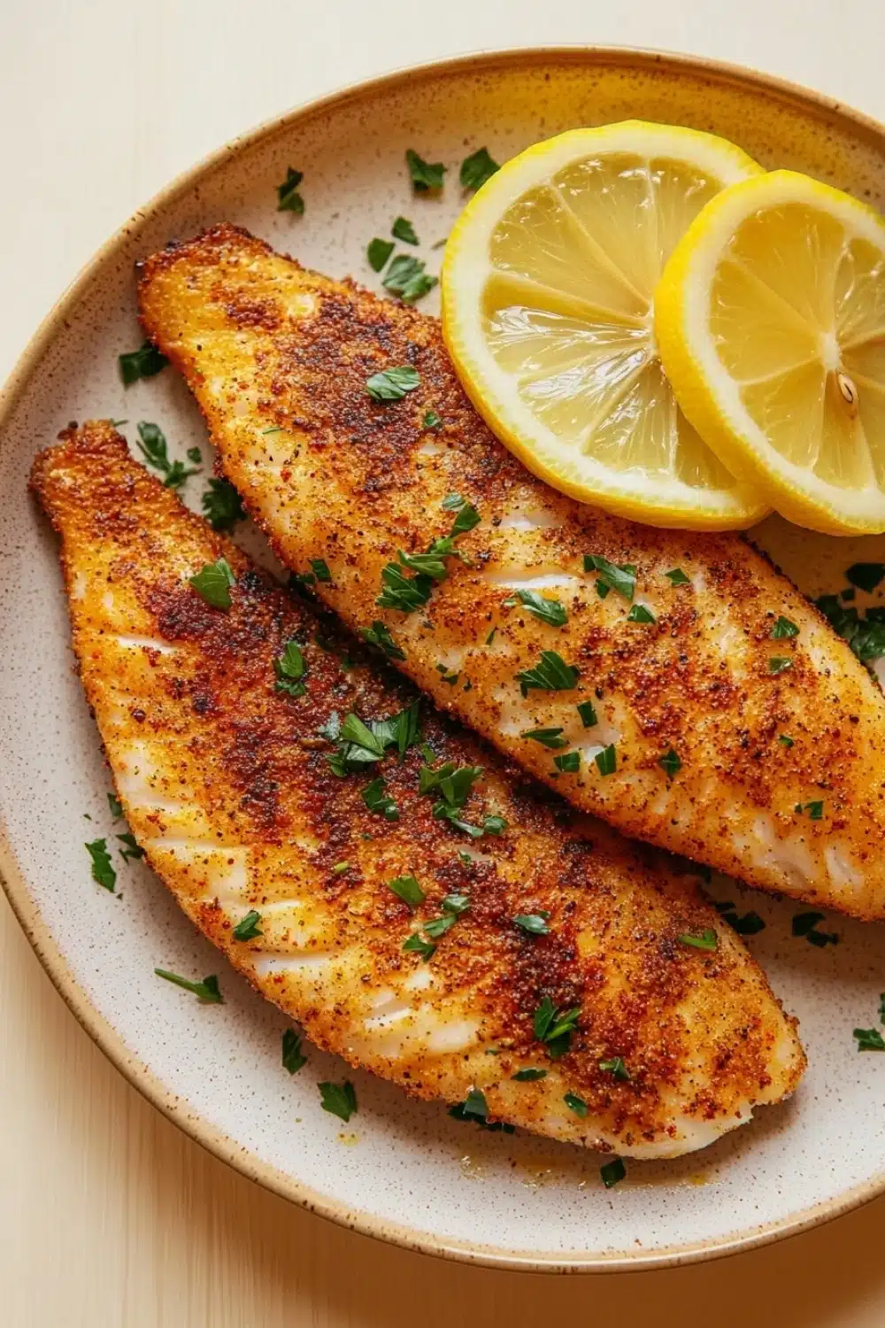 Tilapia loin air fryer - the image shows two pieces of fish fillets on a white plate. the fillets are golden brown and appear to be seasoned with herbs and spices. on top of the fillets, there are two slices of lemon and a sprig of parsley. the plate is sitting on a wooden table. the overall presentation of the dish is elegant and appetizing.