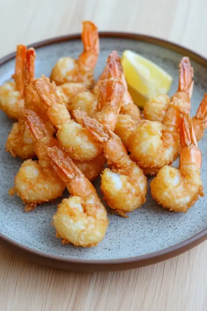 Trader joes shrimp tempura air fryer - the image shows a plate of cooked shrimp on a wooden table. the shrimp are golden brown and appear to be crispy on the outside. they are arranged in a circular pattern on the plate, with some overlapping each other. there is a slice of lemon on the side of the plate. the plate is a light brown color with a speckled texture. the background is blurred, but it appears to be a kitchen countertop.
