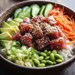 Tuna poke bowl cooked - the image is a close-up of a bowl of food. the bowl is made of dark brown ceramic and is placed on a wooden table. the food in the bowl appears to be a type of asian dish, with a variety of ingredients. the main focus of the image is on a bed of white rice, which is topped with sliced avocado, sliced cucumbers, and sliced carrots. on top of the rice, there is a layer of sesame seeds sprinkled on top. the vegetables are arranged in a colorful and appetizing manner, with some of them overlapping each other. there is also a small bowl of soy sauce on the side of the bowl. the background is blurred, but it seems like the bowl is placed in a kitchen or dining area.