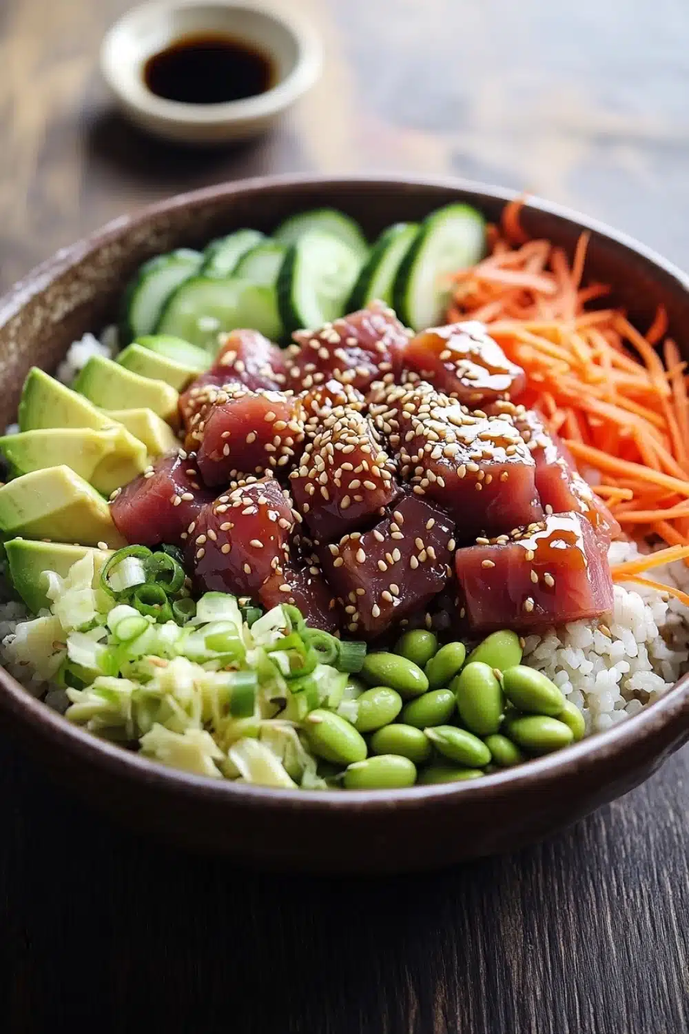Tuna poke bowl cooked - the image is a close-up of a bowl of food. the bowl is made of dark brown ceramic and is placed on a wooden table. the food in the bowl appears to be a type of asian dish, with a variety of ingredients. the main focus of the image is on a bed of white rice, which is topped with sliced avocado, sliced cucumbers, and sliced carrots. on top of the rice, there is a layer of sesame seeds sprinkled on top. the vegetables are arranged in a colorful and appetizing manner, with some of them overlapping each other. there is also a small bowl of soy sauce on the side of the bowl. the background is blurred, but it seems like the bowl is placed in a kitchen or dining area.