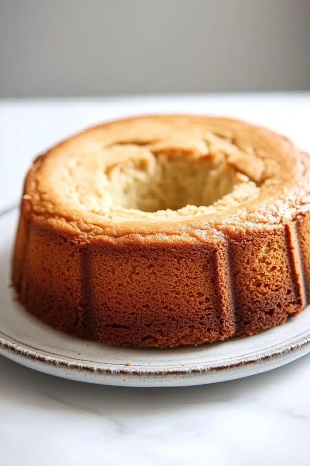 Vanilla cake no icing - the image is of a round cake on a white cake stand. the cake appears to be freshly baked and has a golden brown color. the top of the cake is covered in a light dusting of powdered sugar, giving it a shiny appearance. the stand is made of metal and is placed on a marble countertop. the background is blurred, making the cake the focal point of the image.