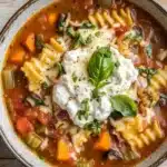 Vegetarian slow cooker lasagna soup - the image is a close-up of a bowl of soup. the soup appears to be a tomato-based dish with tortellini noodles, vegetables, and a dollop of sour cream on top. the bowl is made of ceramic and is sitting on a wooden table. there are a few basil leaves scattered around the bowl, adding a pop of green color to the dish. the background is blurred, but it seems to be an indoor setting.