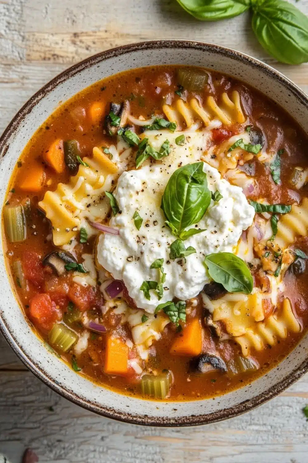 Vegetarian slow cooker lasagna soup - the image is a close-up of a bowl of soup. the soup appears to be a tomato-based dish with tortellini noodles, vegetables, and a dollop of sour cream on top. the bowl is made of ceramic and is sitting on a wooden table. there are a few basil leaves scattered around the bowl, adding a pop of green color to the dish. the background is blurred, but it seems to be an indoor setting.