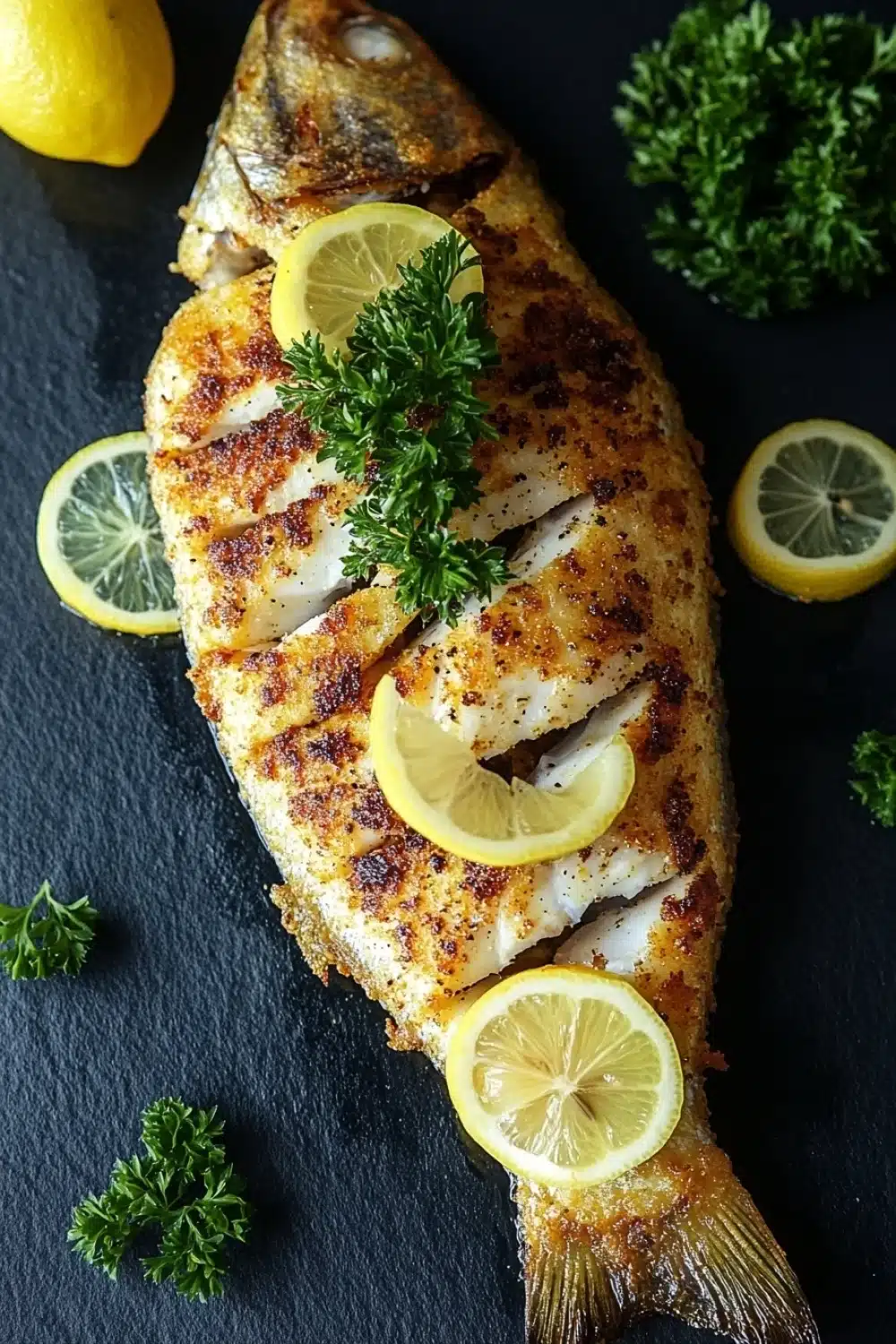 Whole tilapia in the air fryer - the image shows a whole fish on a black slate board. the fish appears to be a tilapia, with a golden-brown color and a crispy texture. it is garnished with sliced lemons and a sprig of fresh parsley. there are also a few whole lemons scattered around the fish, adding a pop of color to the dish. the background is dark, making the fish stand out.