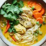 Yellow curry chicken noodle soup - the image is a close-up of a bowl of soup. the soup appears to be a yellowish-orange color and is filled with noodles, chunks of chicken, carrots, and green onions. the chicken is cut into small pieces and is garnished with a sprig of fresh cilantro. the noodles are white and appear to be thin and fluffy. the vegetables are bright orange and look fresh and vibrant. the bowl is made of ceramic and is sitting on a wooden table.