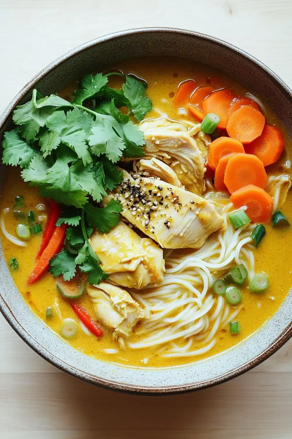 Yellow curry chicken noodle soup - the image is a close-up of a bowl of soup. the soup appears to be a yellowish-orange color and is filled with noodles, chunks of chicken, carrots, and green onions. the chicken is cut into small pieces and is garnished with a sprig of fresh cilantro. the noodles are white and appear to be thin and fluffy. the vegetables are bright orange and look fresh and vibrant. the bowl is made of ceramic and is sitting on a wooden table.