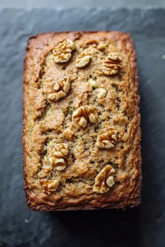 Zucchini bread almond flour - the image is a close-up of a freshly baked loaf of bread on a black slate surface. the bread appears to be golden brown in color and has a crumbly texture. on top of the bread, there are several walnuts scattered across the surface, giving it a crunchy appearance. the walnuts are arranged in a circular pattern, with some overlapping each other. the loaf is slightly tilted to the side, and the edges are slightly curled. the background is blurred, making the bread the focal point of the image.