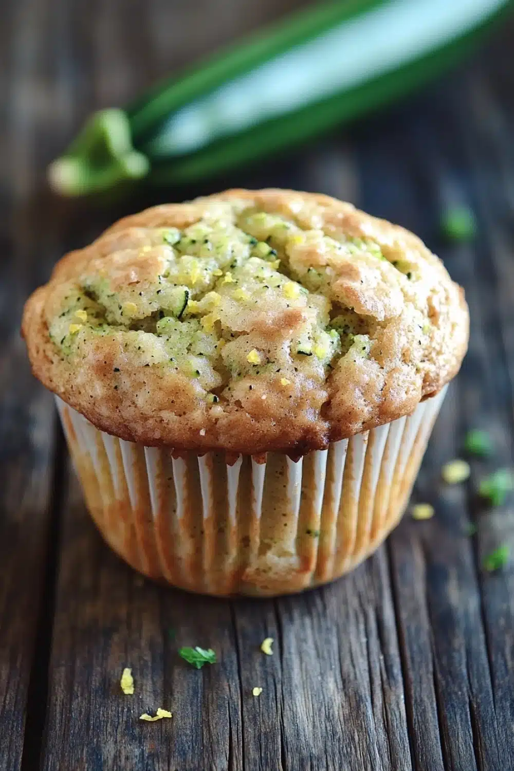 Zucchini lemon muffin - the image is of a freshly baked zucchini muffin on a wooden table. the muffin is golden brown in color and has a crumbly texture. it is topped with a layer of zucchinis and sprinkled with chopped herbs. in the background, there is a whole zucchi and a few scattered herbs, adding a pop of green color to the image. the overall mood of the image is rustic and appetizing.