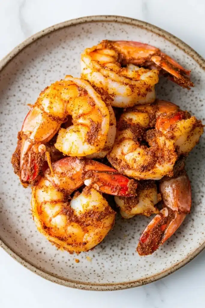 Air fryer carribean jerk shrimp - the image shows a plate of cooked shrimp on a white marble countertop. the shrimp are arranged in a circular pattern on the plate, with some overlapping each other. they are covered in a dark brown sauce, which appears to be seasoned with spices and herbs. the sauce is drizzled over the shrimp, giving them a glossy sheen. the plate is round and has a speckled texture. the overall appearance of the dish is appetizing and ready to eat.