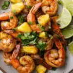 Air fryer hawaiian shrimp - the image is a close-up of a plate of cooked shrimp. the shrimp are orange in color and appear to be seasoned with herbs and spices. they are arranged in a circular pattern on the plate, with some pieces of pineapple scattered around them. there are also slices of lime and cilantro on the side of the plate. the plate is sitting on a white marble countertop.