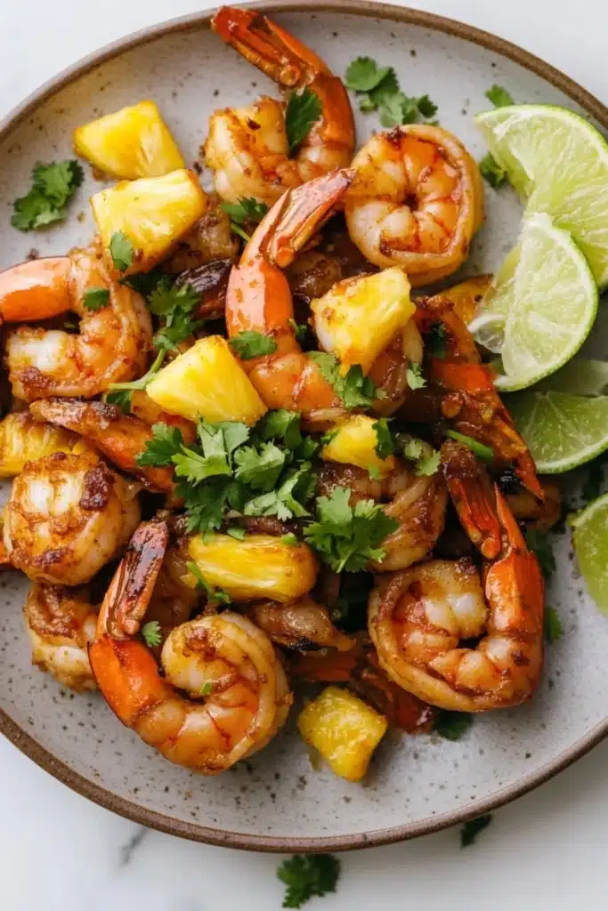 Air fryer hawaiian shrimp - the image is a close-up of a plate of cooked shrimp. the shrimp are orange in color and appear to be seasoned with herbs and spices. they are arranged in a circular pattern on the plate, with some pieces of pineapple scattered around them. there are also slices of lime and cilantro on the side of the plate. the plate is sitting on a white marble countertop.