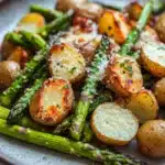 Air fryer potato and asparagus - the image is a close-up of a plate of roasted potatoes and asparagus. the potatoes are golden brown and appear to be seasoned with herbs and grated parmesan cheese. the asparaglips are arranged in a pile on the plate, with some of them overlapping each other. the plate is a light brown color with a speckled texture. the background is blurred, but it appears to be a wooden table.