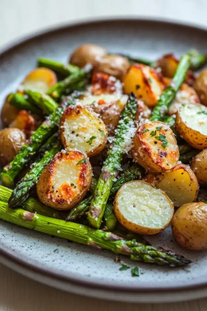 Air fryer potato and asparagus - the image is a close-up of a plate of roasted potatoes and asparagus. the potatoes are golden brown and appear to be seasoned with herbs and grated parmesan cheese. the asparaglips are arranged in a pile on the plate, with some of them overlapping each other. the plate is a light brown color with a speckled texture. the background is blurred, but it appears to be a wooden table.