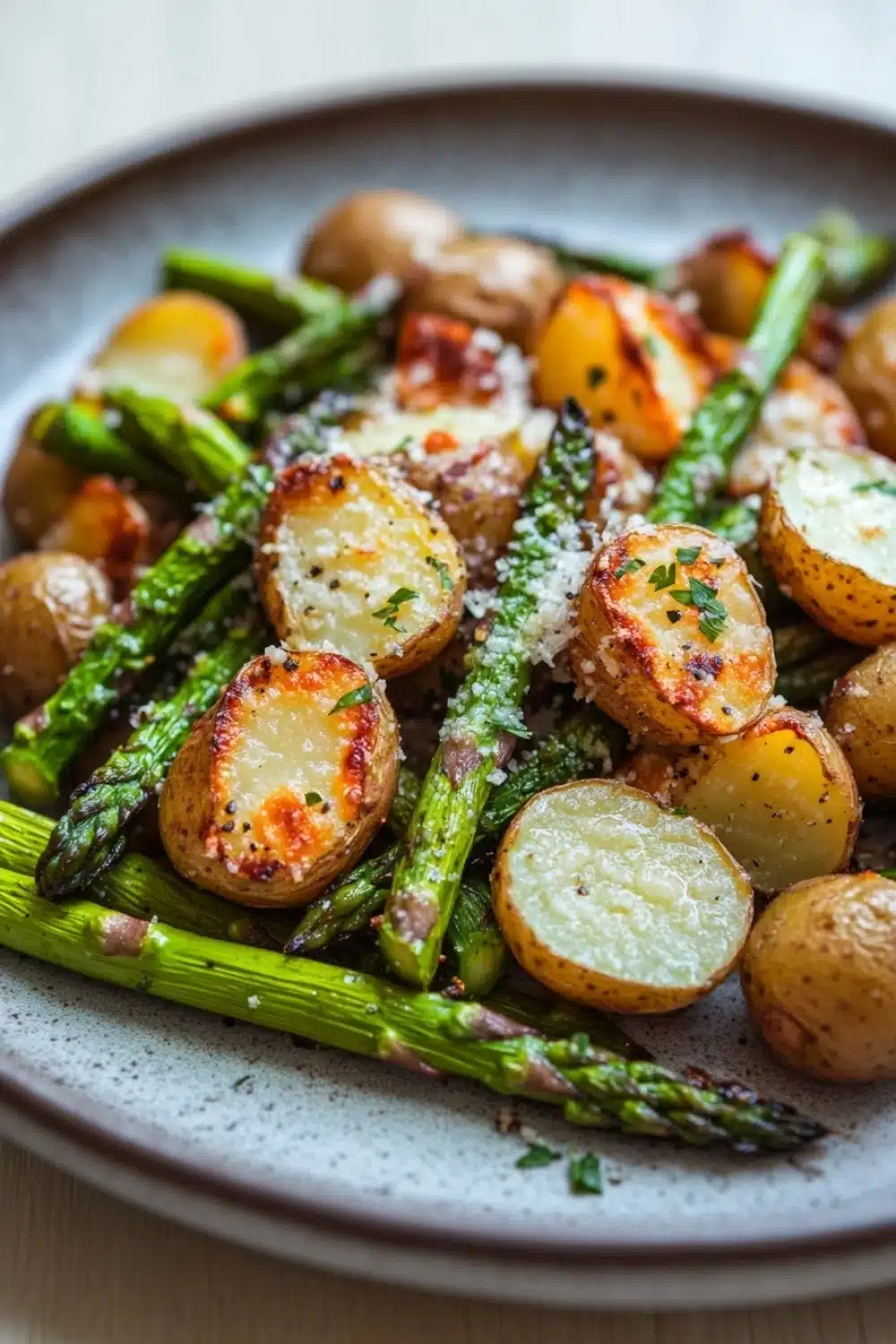 Air fryer potato and asparagus - the image is a close-up of a plate of roasted potatoes and asparagus. the potatoes are golden brown and appear to be seasoned with herbs and grated parmesan cheese. the asparaglips are arranged in a pile on the plate, with some of them overlapping each other. the plate is a light brown color with a speckled texture. the background is blurred, but it appears to be a wooden table.