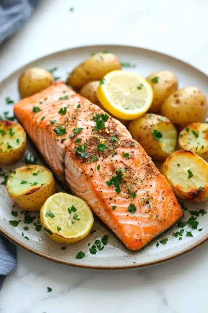 Air fryer salmon and potatoes - the image shows a plate of food with a piece of salmon on it. the salmon is cooked to a golden brown color and is garnished with fresh herbs and lemon wedges. the plate is white and round, and there are small potatoes scattered around the plate. the background is a white marble countertop with a gray cloth napkin on the side. the overall presentation of the dish is elegant and appetizing.