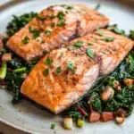 Air fryer salmon and swiss chard - the image shows two pieces of salmon on a plate. the salmon is cooked to a golden brown color and is garnished with fresh herbs. the plate is made of light-colored wood and has a textured surface. on top of the salmon, there is a bed of green leafy vegetables, including kale, red onions, and chickpeas. the vegetables are arranged in a circular pattern around the salmon. the background is blurred, but it appears to be a wooden table.