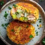 Air fryer salmon cakes - the image shows a plate with two crab cakes on it. the crab cakes are golden brown and appear to be crispy on the outside. they are garnished with chopped celery and chopped ham. the plate is sitting on a wooden table with a few sprigs of parsley scattered around it.