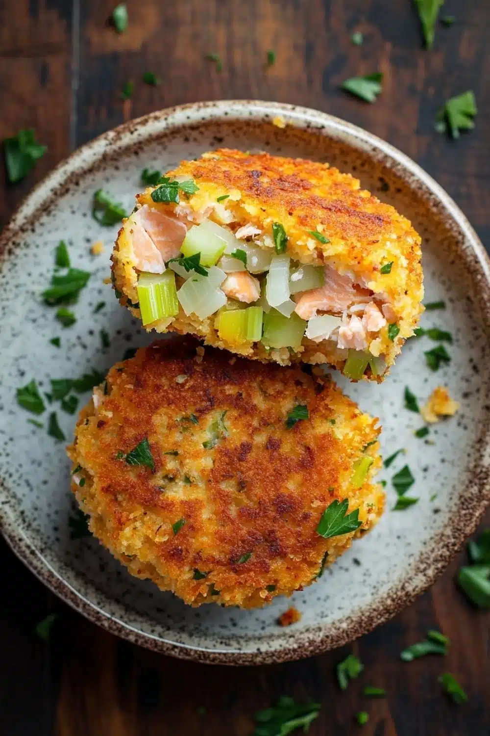 Air fryer salmon cakes - the image shows a plate with two crab cakes on it. the crab cakes are golden brown and appear to be crispy on the outside. they are garnished with chopped celery and chopped ham. the plate is sitting on a wooden table with a few sprigs of parsley scattered around it.