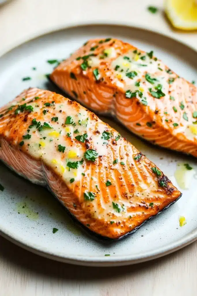 Air fryer salmon garlic butter - the image shows two pieces of salmon on a white plate. the salmon is cooked to a golden brown color and is garnished with chopped parsley and lemon wedges. the plate is sitting on a wooden table with a blurred background. the fish appears to be seasoned with herbs and spices, giving it a savory flavor.