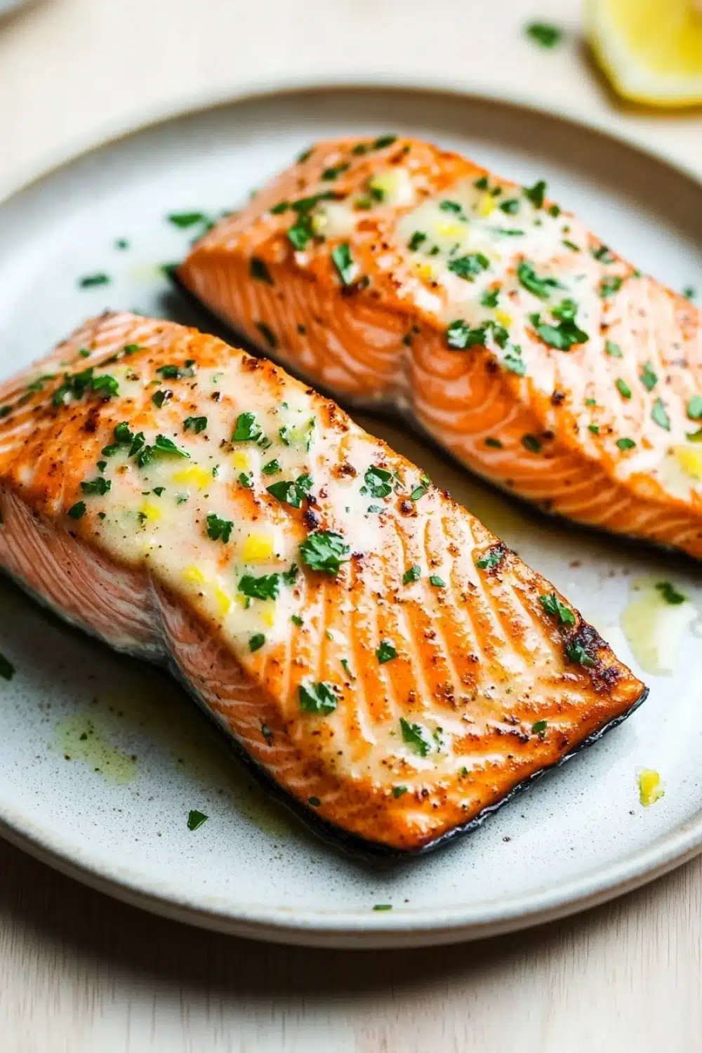 Air fryer salmon garlic butter - the image shows two pieces of salmon on a white plate. the salmon is cooked to a golden brown color and is garnished with chopped parsley and lemon wedges. the plate is sitting on a wooden table with a blurred background. the fish appears to be seasoned with herbs and spices, giving it a savory flavor.