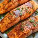Air fryer salmon hot honey - the image shows two pieces of salmon on a gray plate. the salmon is cooked to a golden brown color and appears to be seasoned with herbs and spices. the plate is garnished with chopped parsley, adding a pop of green color to the dish. the background is blurred, making the salmon the focal point of the image.