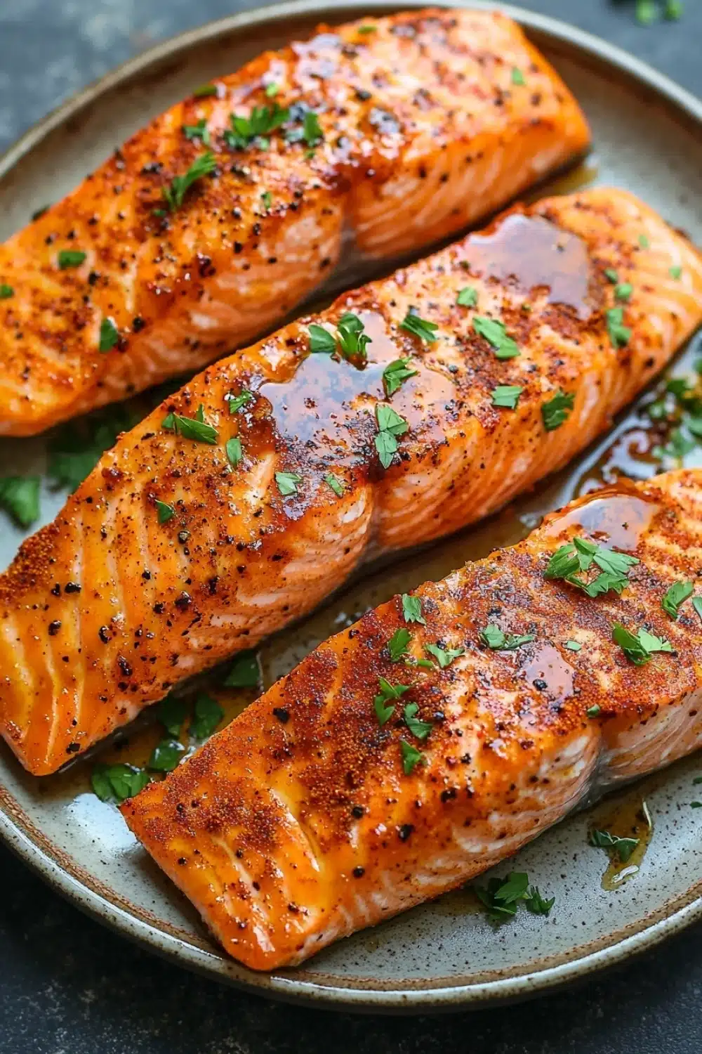 Air fryer salmon hot honey - the image shows two pieces of salmon on a gray plate. the salmon is cooked to a golden brown color and appears to be seasoned with herbs and spices. the plate is garnished with chopped parsley, adding a pop of green color to the dish. the background is blurred, making the salmon the focal point of the image.