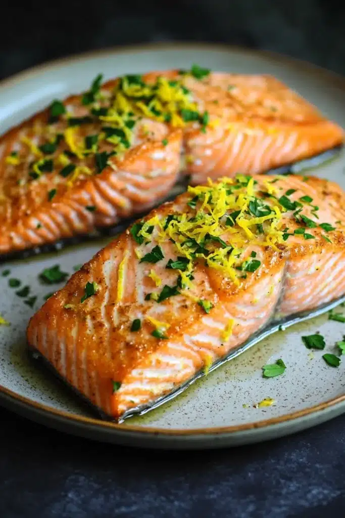 Air fryer salmon lemon - the image shows two pieces of salmon on a white plate. the salmon is cooked to a golden brown color and is garnished with chopped herbs and lemon zest. the plate is sitting on a dark grey countertop. the background is blurred, making the salmon the focal point of the image.