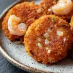 Air fryer shrimp patties - the image shows a plate of fried shrimp. the shrimp are golden brown and appear to be crispy on the outside. they are arranged in a circular pattern on the plate, with some overlapping each other. the plate is white with a speckled pattern around the edges. the background is dark, making the shrimp stand out.