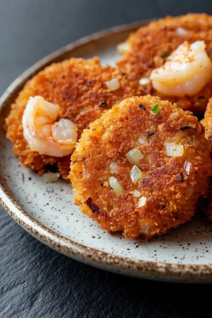 Air fryer shrimp patties - the image shows a plate of fried shrimp. the shrimp are golden brown and appear to be crispy on the outside. they are arranged in a circular pattern on the plate, with some overlapping each other. the plate is white with a speckled pattern around the edges. the background is dark, making the shrimp stand out.