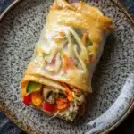 Air fryer vegetable spring rolls - the image shows a plate with a rolled up spring roll on it. the spring roll is golden brown and appears to be filled with a variety of vegetables, including carrots, bell peppers, and mushrooms. the vegetables are arranged in a criss-cross pattern on top of the spring roll, with some overlapping each other. the plate is black with a speckled pattern around the edges. the background is a dark grey textured surface.